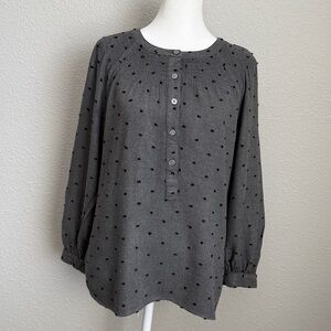 Loft Blouse Womens Size Small Gray and Black Swiss Polka Dot Clip Smocked Henley